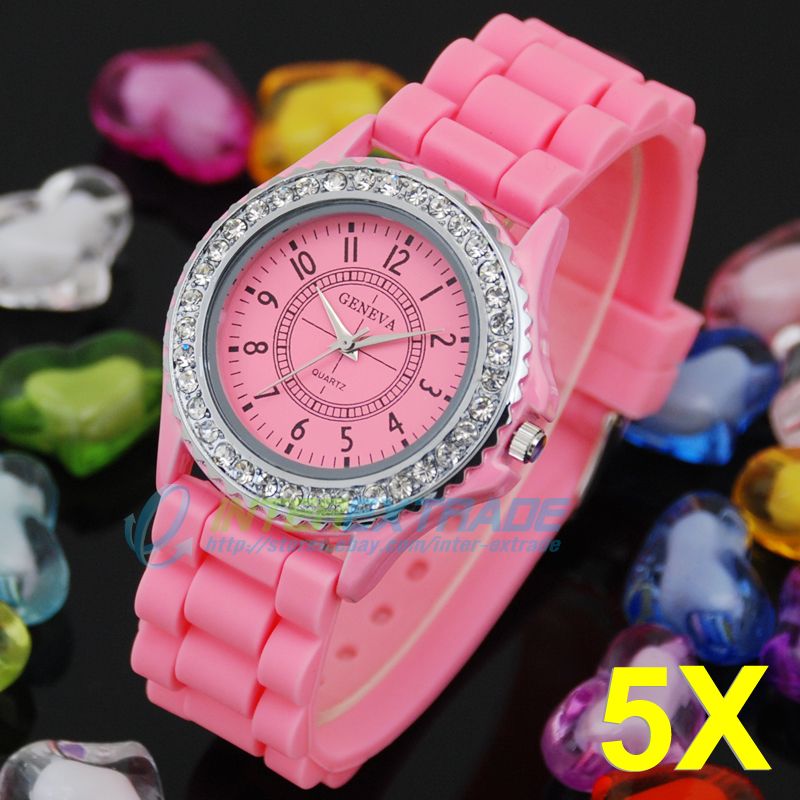   Lots of 5pcs Pink Gel Lovely Womens Sport Wrist Watches Bling Crystal