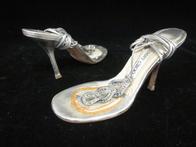 JIMMY CHOO Metallic Rhinestone Lace Up Sandals Sz 37 7  