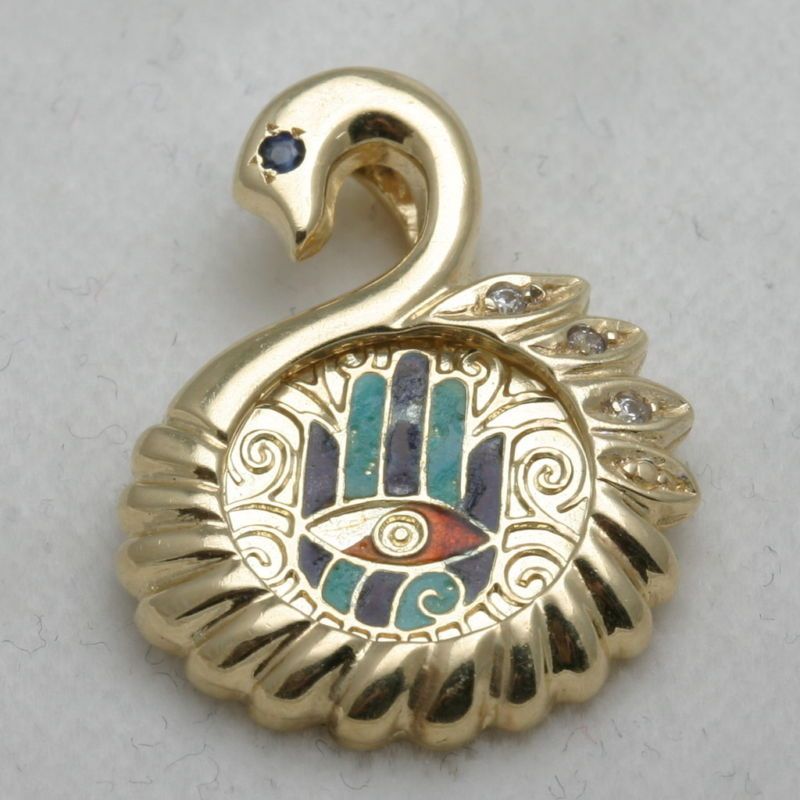 Estate 14k yellow gold Israeli Coin Hamsa Pendant swan  