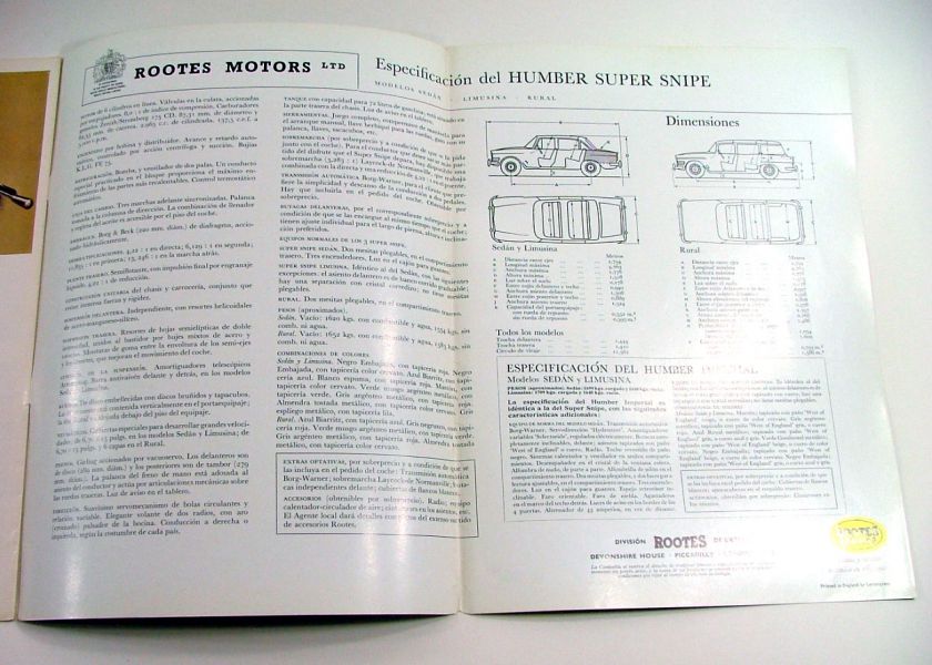 Humber Imperial & Super Snipe Car Brochure in Spanish  