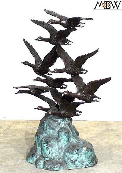 Cast Bronze Outdoor 9 Flying Ducks W/ Rock Statue  