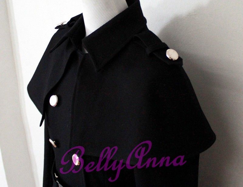 Vintage Double Breasted Cape Trench Coat Wool Overcoat Outwear Jacket 