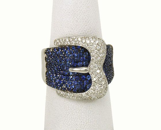 BEAUTIFUL 18K GOLD, DIAMONDS & SAPPHIRES BUCKLE RING  