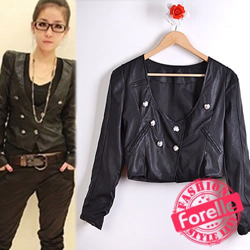 DJS15 Korea Girl U Neck Double breasted Faux Leather Short Suit Coat 