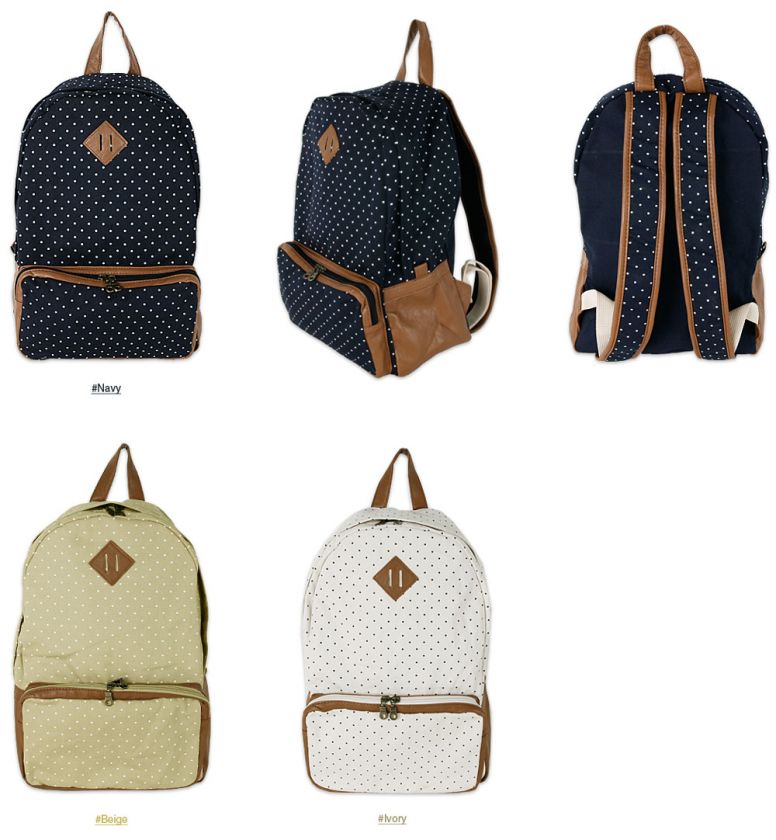   Classic Dotted Canvas Leather Backpack Rucksack Laptop School Campus