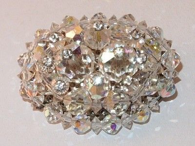   SILVERTONE CLEAR AURORA BOREALIS BEADS CHUNKY LARGE BROOCH PIN  