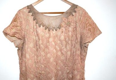 VTG 50s PLUS SIZE Pink Lace Beaded wiggle Evening Cocktail Dress Sheer 