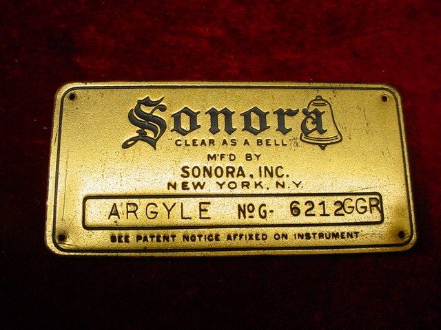 Vintage NAME TAG Plate SONORA HAND CRANK PHONOGRAPH PART Victrola 