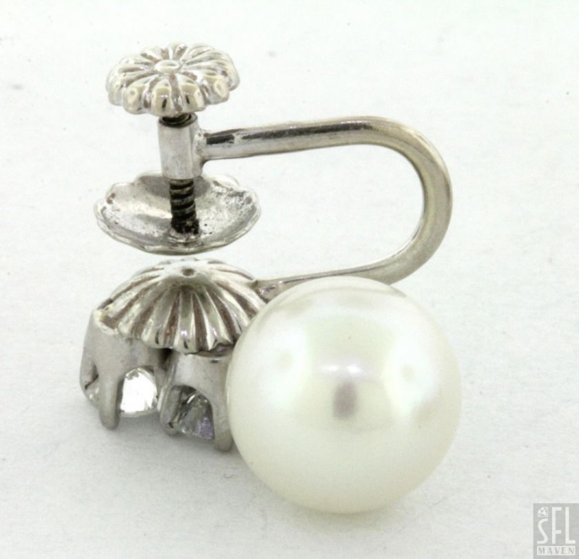 14K WHITE GOLD BEAUTIFUL .84CT DIAMOND/9mm PEARL SCREW BACK DANGLE 