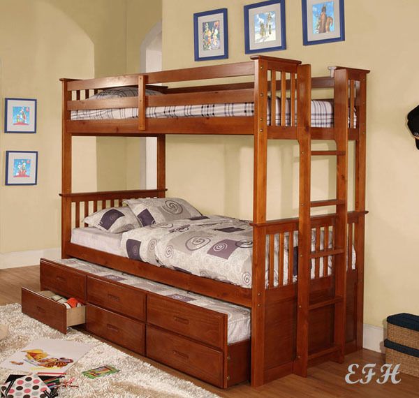 UNIVERSITY OAK WOOD TWIN BUNK BED W/ TRUNDLE & DRAWERS  