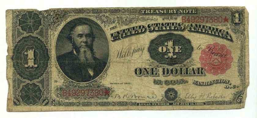 1891 STANTON ONE DOLLAR $1 TREASURY STAR NOTE RED SEAL BRUCE ROBERTS 