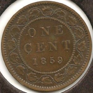 1859/8 Narrow 9, TP1, FINE VF Canadian Large Cent  