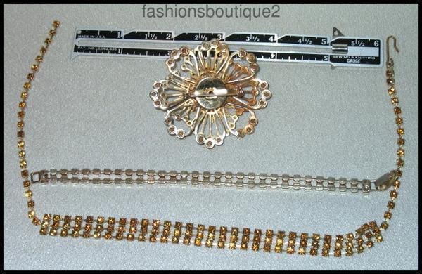 VINTAGE SET CHOKER, BRACELET & BROOCH AMBER RHINESTONES  