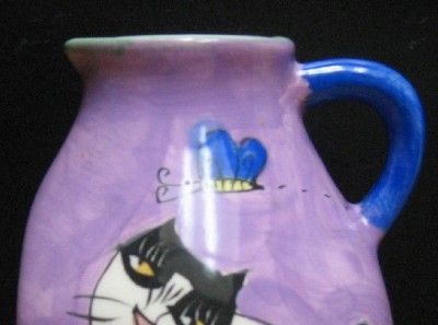 HAND PAINTED COLORFUL CERAMIC RETRO DESIGN PITCHER W CAT & BUTTERFLY 