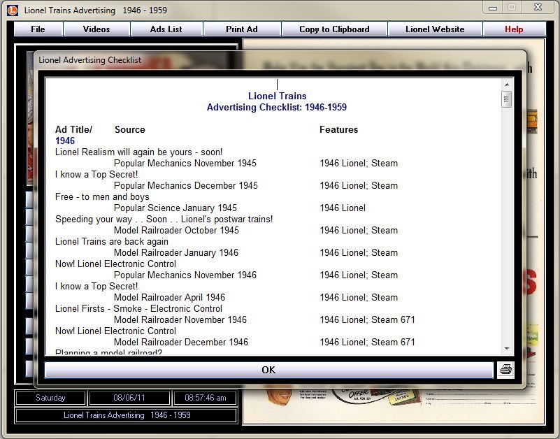 Lionel Trains Advertising 1946   1959 CD ROM + videos  