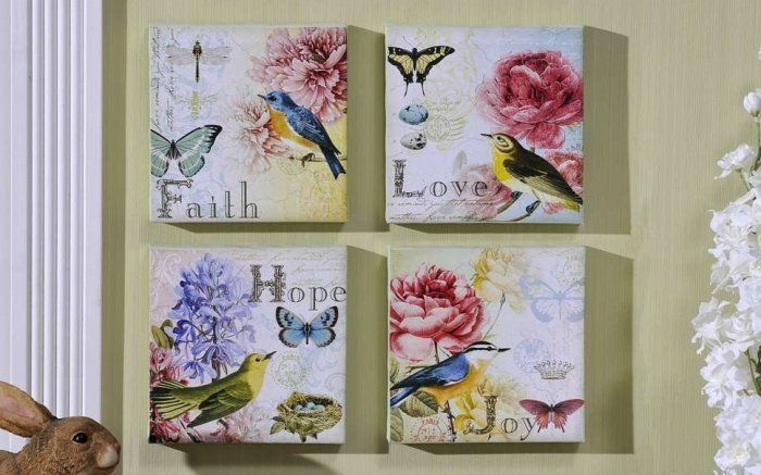 New INSPIRATIONAL SHABBY PLAQUE 4 PC SET Birds, Butterflies, Flowers 