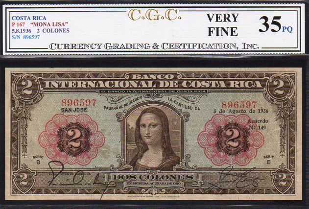 COSTA RICA P167 1936 MONA LISA 2 COLONE CGC 35  