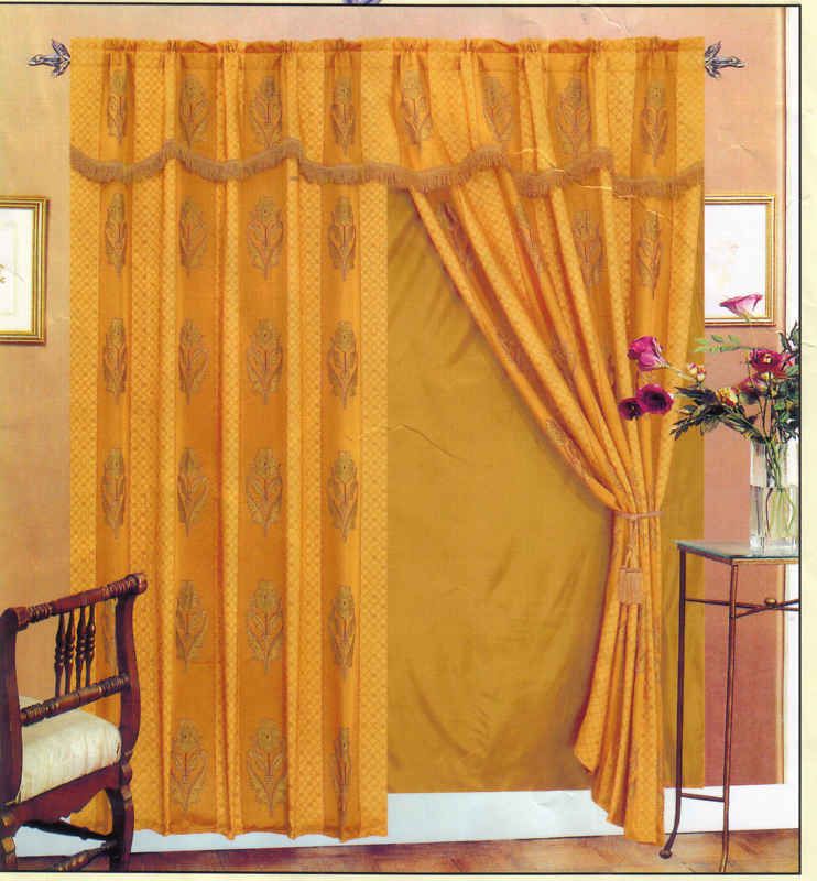 Gold Jacquard Window Curtains+Valance+Backing  