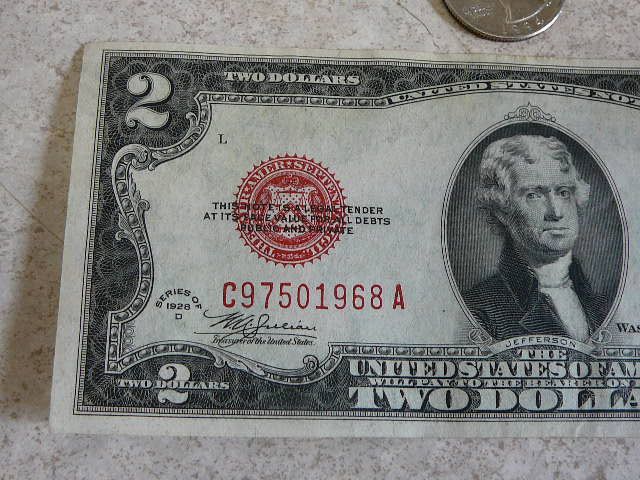 Old 1928 D Red Seal Silver Certificate 2 Dollar Bill Circulated Money 