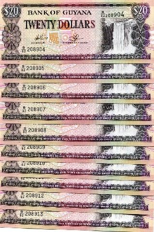 GUYANA 20 Dollars 2009 P NEW UNC lot 10 pcs  