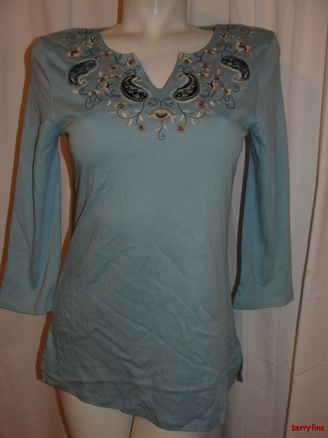   NWT CHARTER CLUB Blue Breeze Embroidery Accent 3/4 Sleeve Shirt Top S