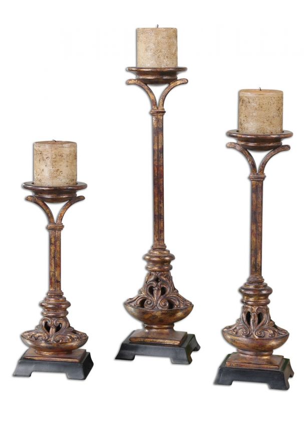   World Antique Gold Leaf Pillar Candleholders S/3 792977195192  