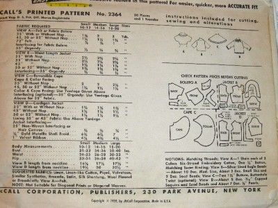 1950s MCCALL Sewing Pattern 2364 BOLERO CAPE JACKET  