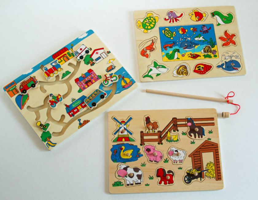 Kids Wooden Puzzles Lot Peg Maze Fishing Puzzles  