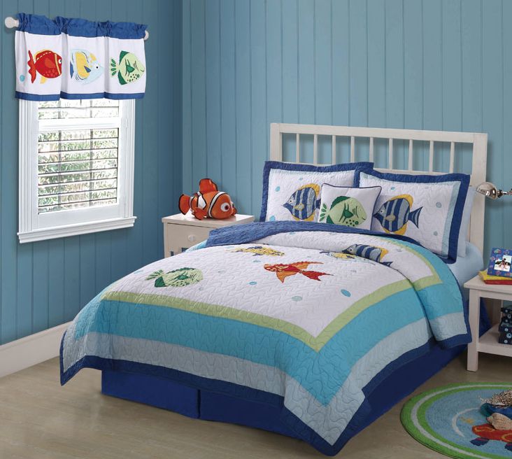   WONDERS FISH BUBBLES PASTEL BLUE LIME GREEN TWIN BEDDING SET  