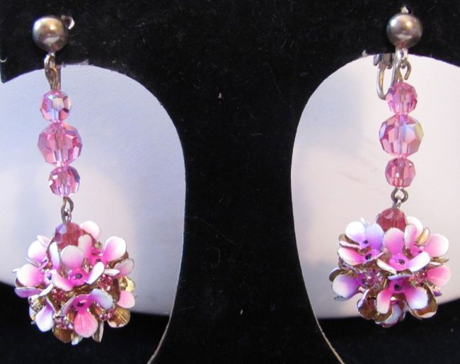 Vintage 1960s enamel PINK CRYSTAL DROP BALL Earrings  