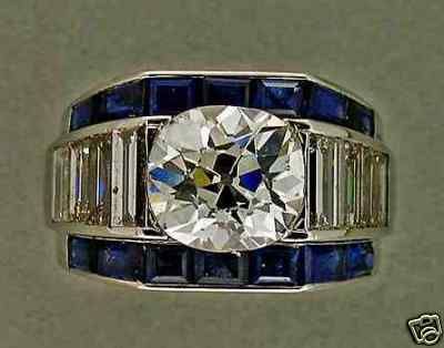   ART DECO 2.45CT OLD MINE BRILLIANT DIAMOND EMERALD CUT SAPPHIRE RING