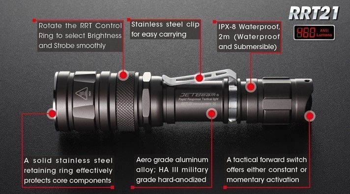 JETBeam RRT 21 CREE XM L T6 LED Tactical Flashlight  