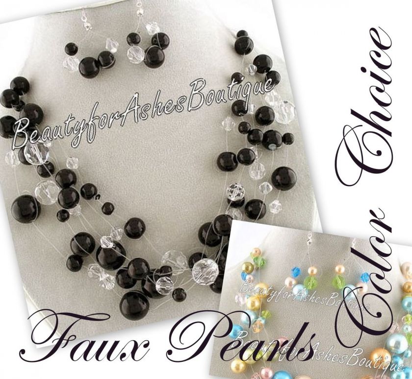   LAYERED PEARL BEADED MULTI STRAND BIB LADIES NECKLACE EARRINGS SET