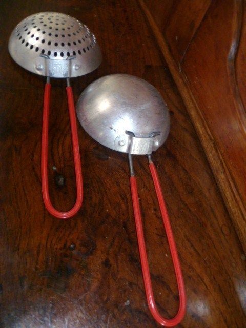 Vintage french metal Utensils  LADDLE + STRAINER mark ROC Paris 