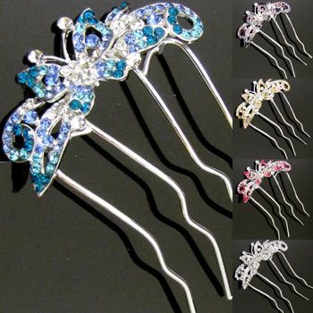    1p Austrian rhinestone crystal butterfly hair comb fork