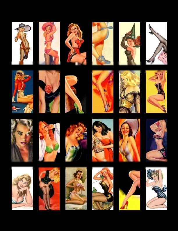 Vintage Pin Up Calendar Girls 1x2 Inch Domino Scrapbook Collage Sheet 