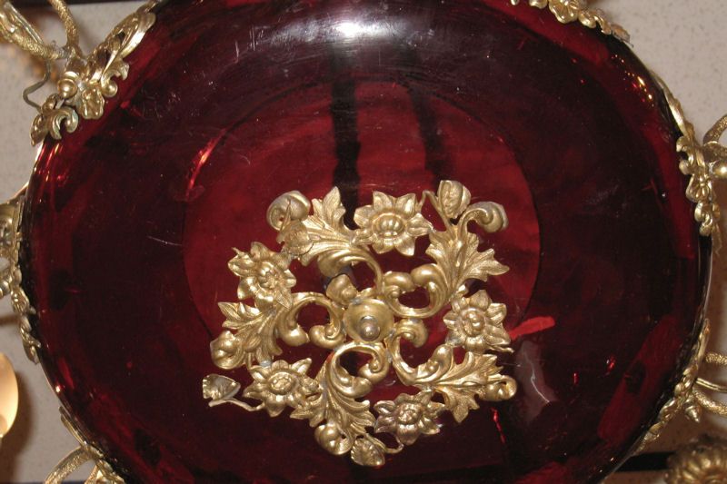 Antique Ruby Red Glass Coupe Form 9 Light Chandelier  