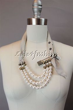   LANVIN Beaded Pearl Rhinestone Safety Pin Beige Ribbon Necklace  