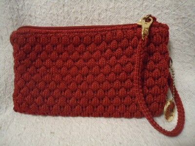 THE SAK RARE MAGENTA RED WRISTLET WRIST BAG CROCHET KNIT MAKE UP PURSE 