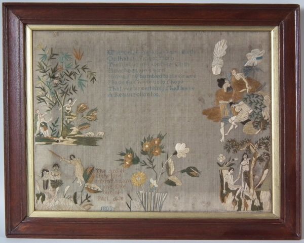 1803 Silkwork sampler with Biblical scenes  