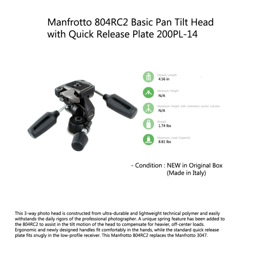 Manfrotto Bogen 804RC2 3way Pan Tilt Tripod Head NEW  